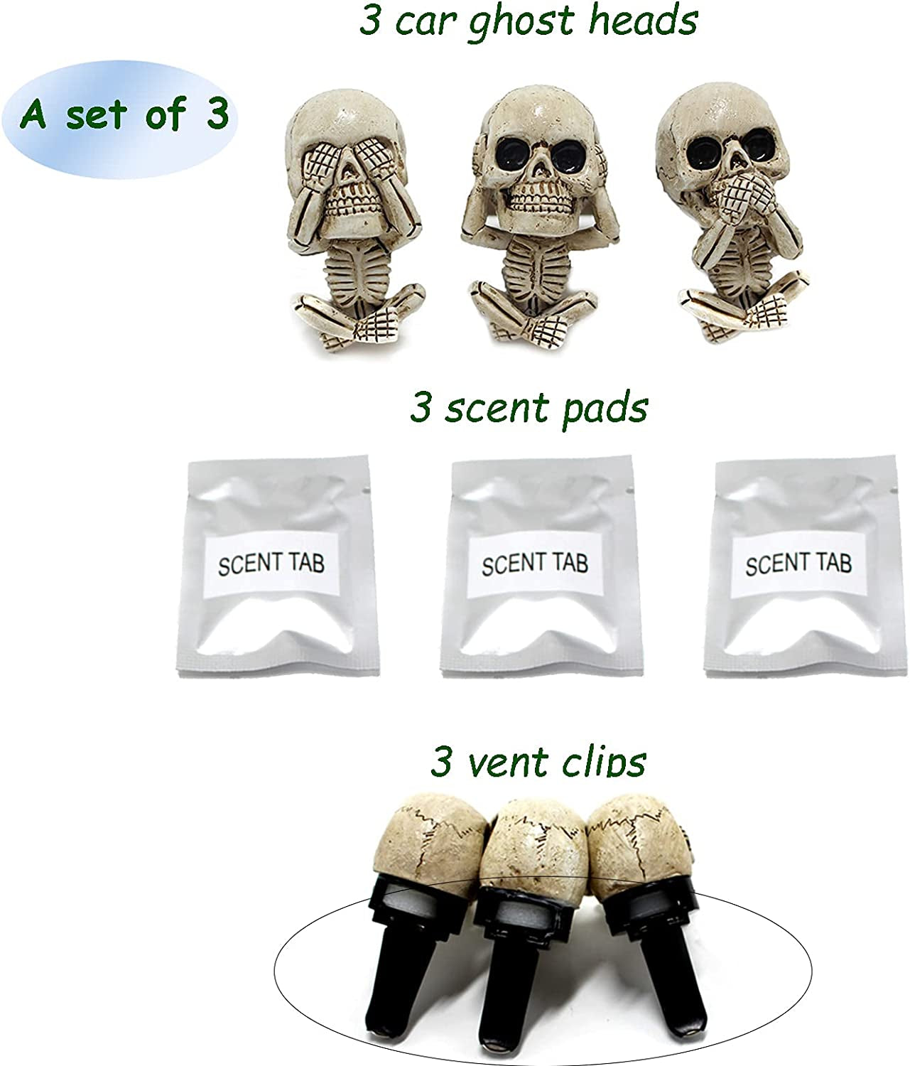 Car Air Freshener Clips, Skull Car Vent Decoration, 3 Count, Black, Unscented