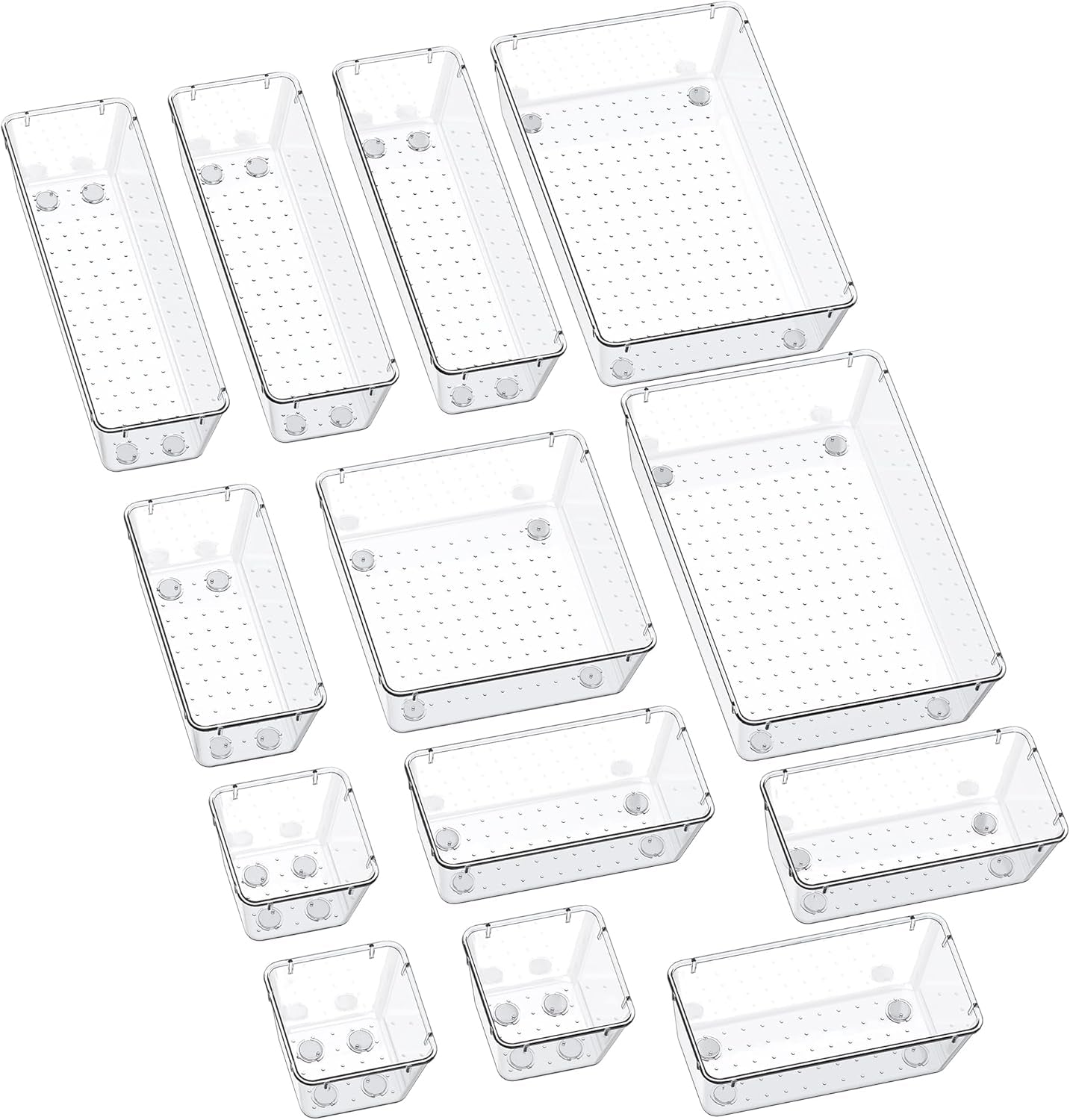 13-Piece Drawer Organizers with Non-Slip Silicone Pads, 5-Size Desk Bathroom Drawer Organizer Trays Storage Tray for Makeup, Jewelries, Utensils in Bedroom Dresser, Office and Kitchen, Clear